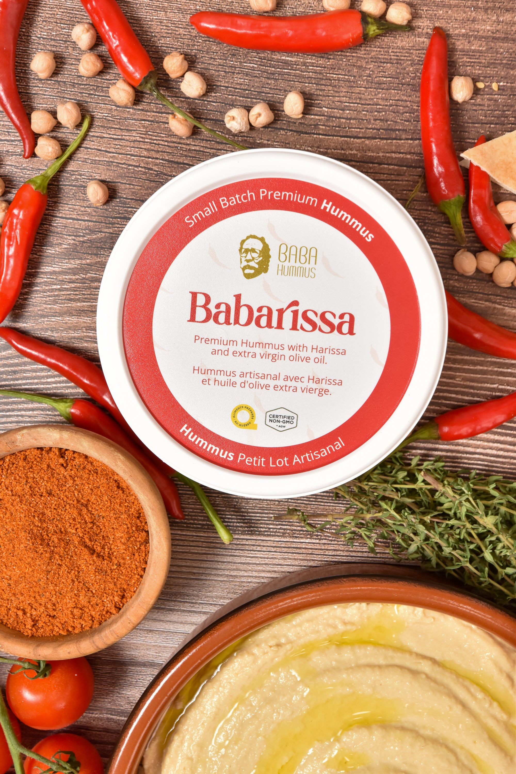 Premium Hummus with Harissa and extra virgin olive oil.