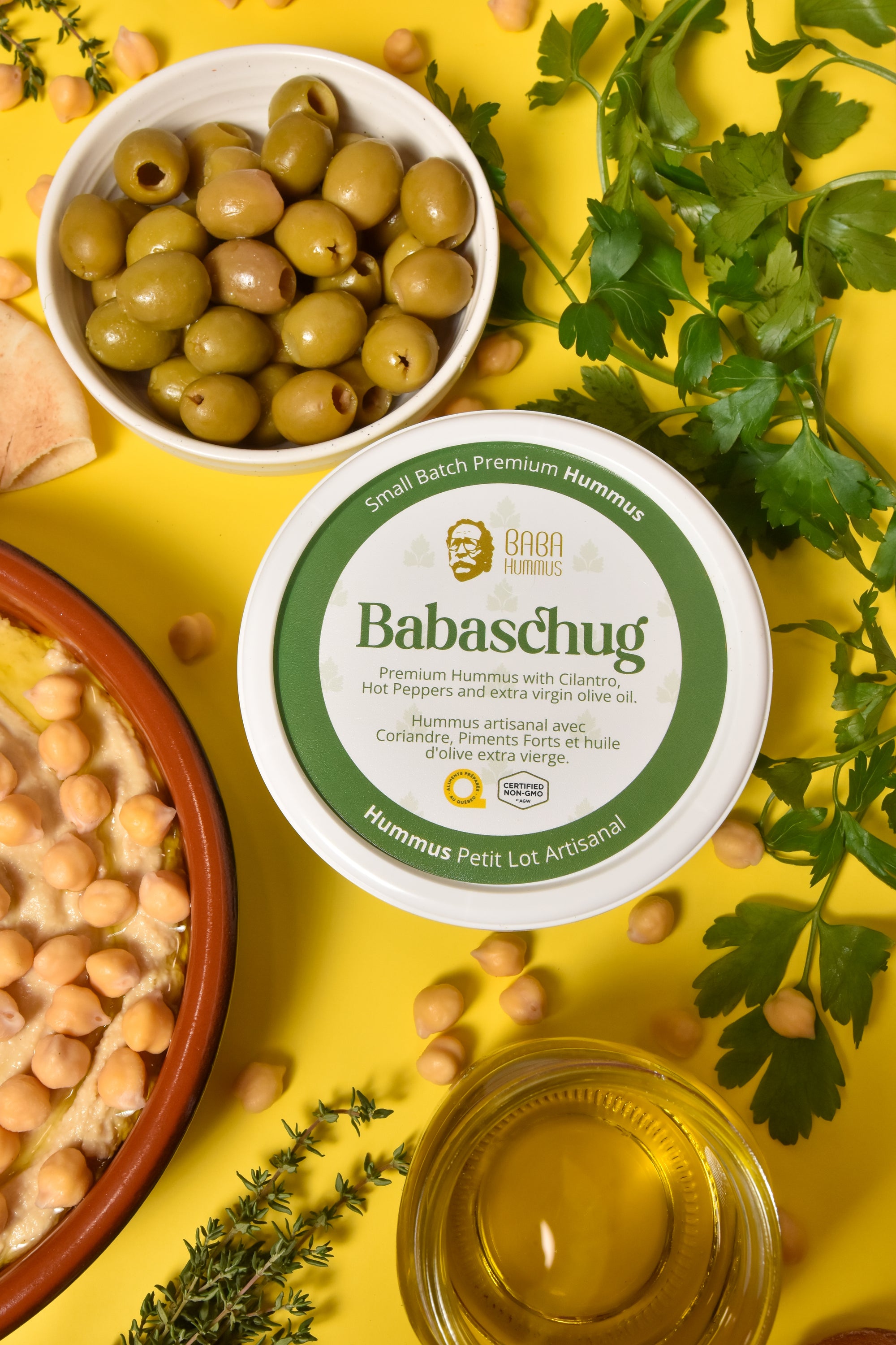 Premium Hummus with Cilantro, Hot Peppers and extra virgin olive oil.