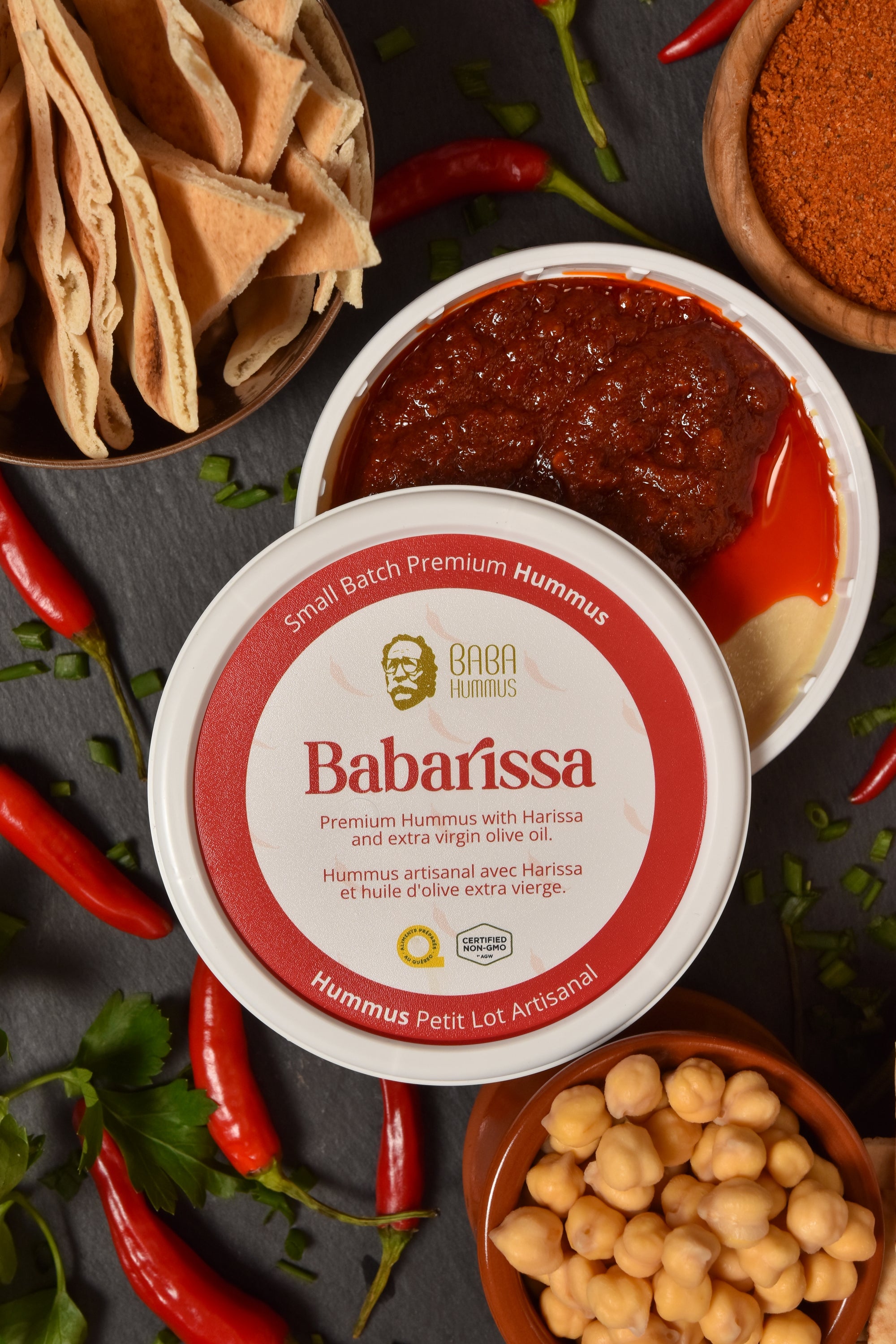 Hummus with Harissa and extra virgin olive oil