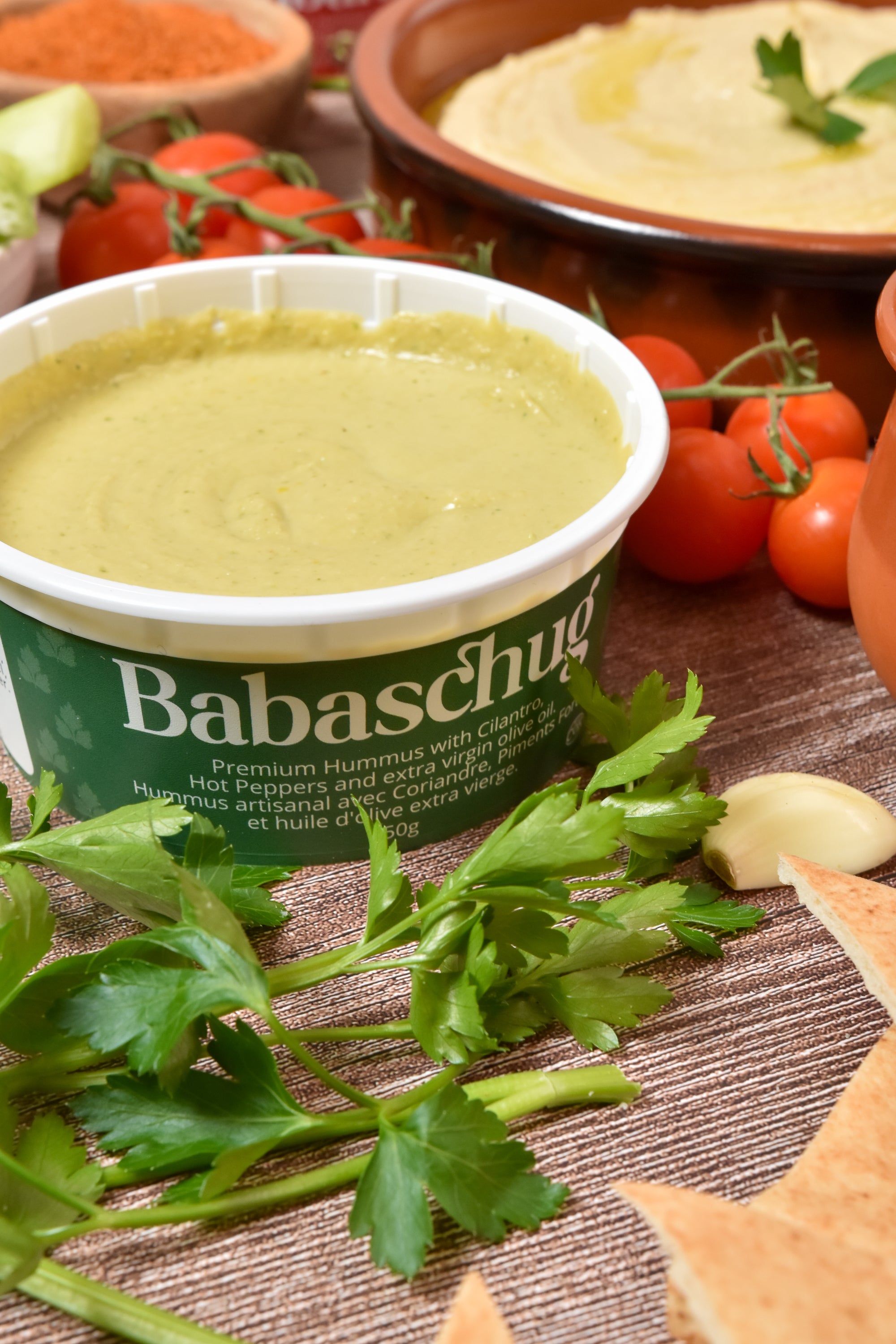 Premium Hummus with Cilantro, Hot Peppers and extra virgin olive oil.