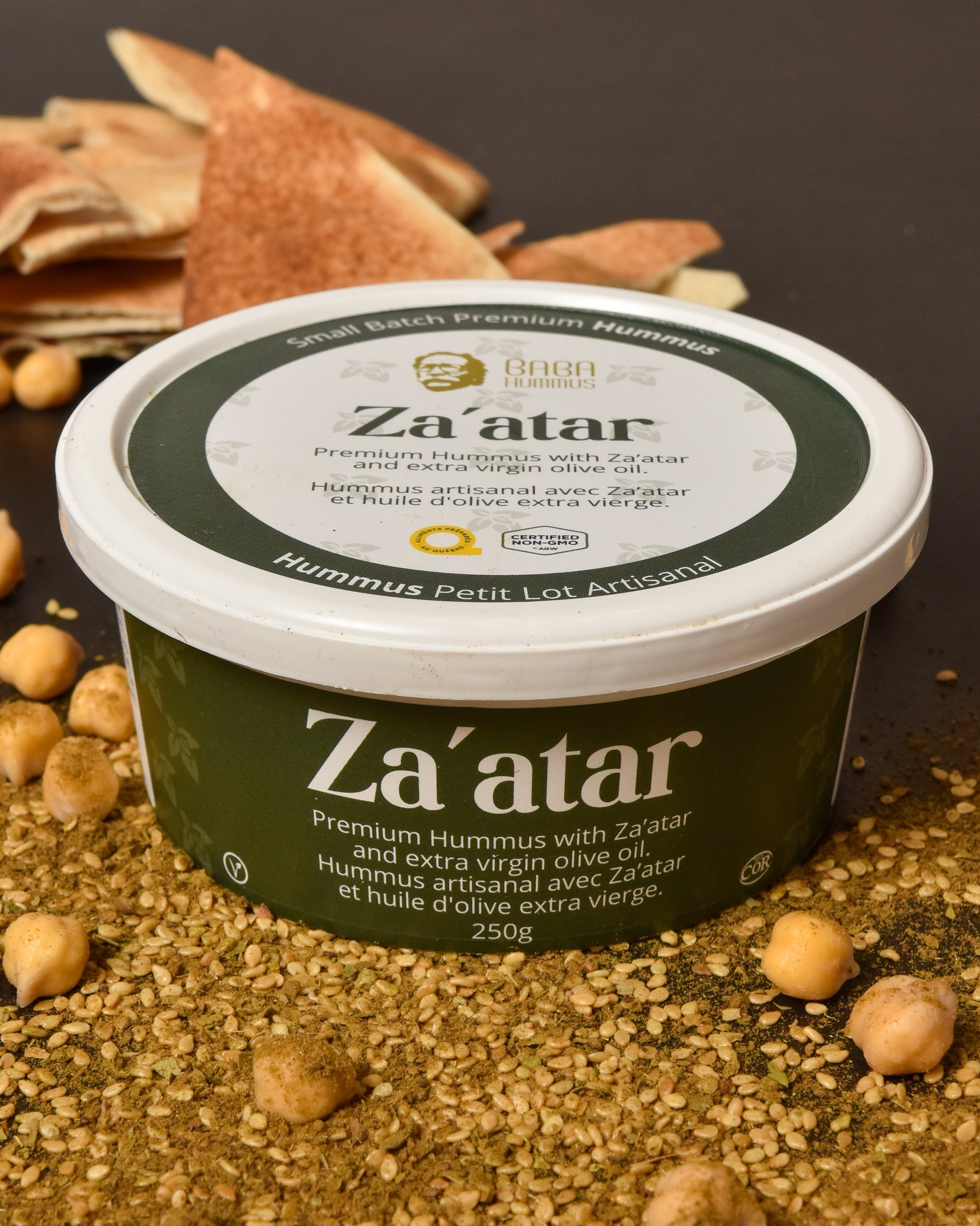 Premium Hummus with Za'atar and extra virgin olive oil.